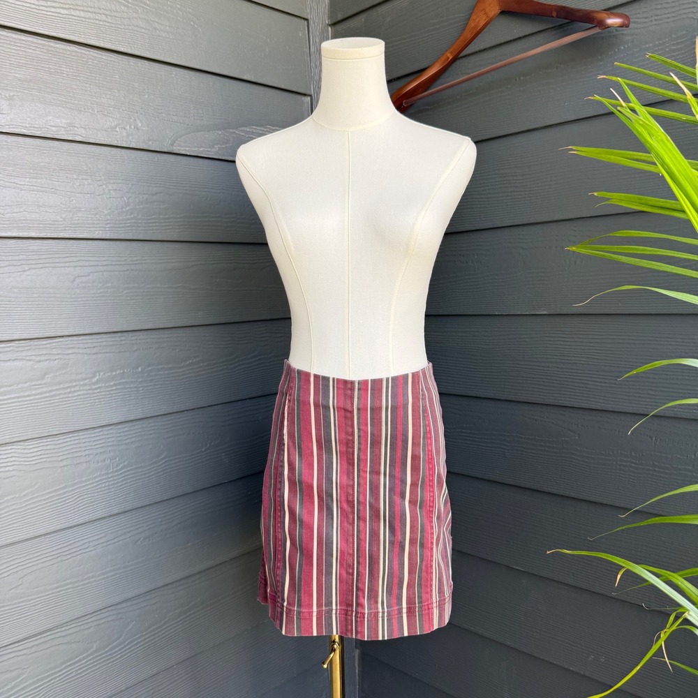 Altar'd State Striped Mini Skirt Small Cotton Blend Burgundy Boho Preppy